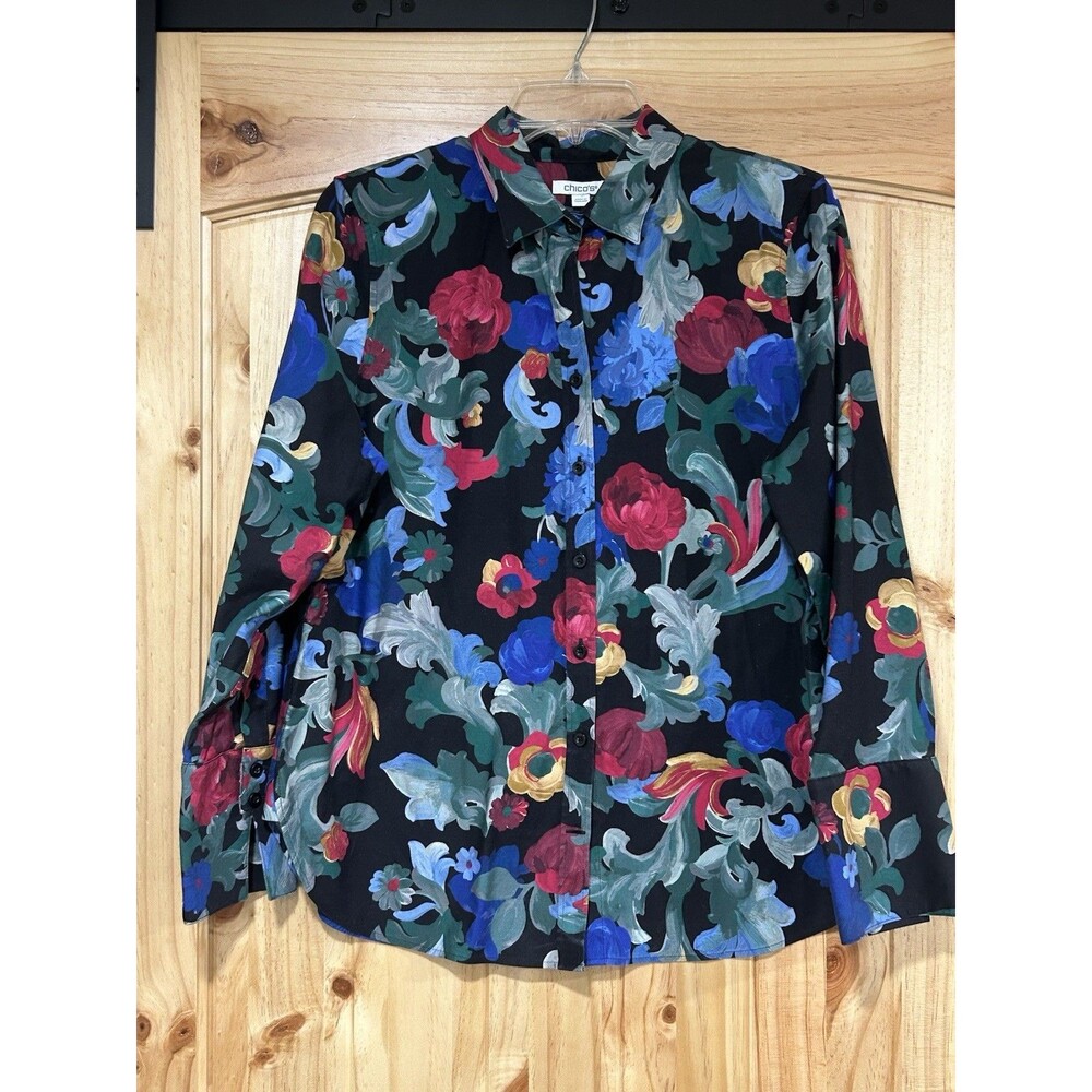 Chicos Women’s Button Down Shirt Black Vibrant Floral Print Cotton Blend   8